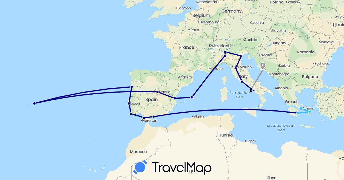 TravelMap itinerary: driving, plane, boat in Spain, Greece, Croatia, Italy, Portugal (Europe)